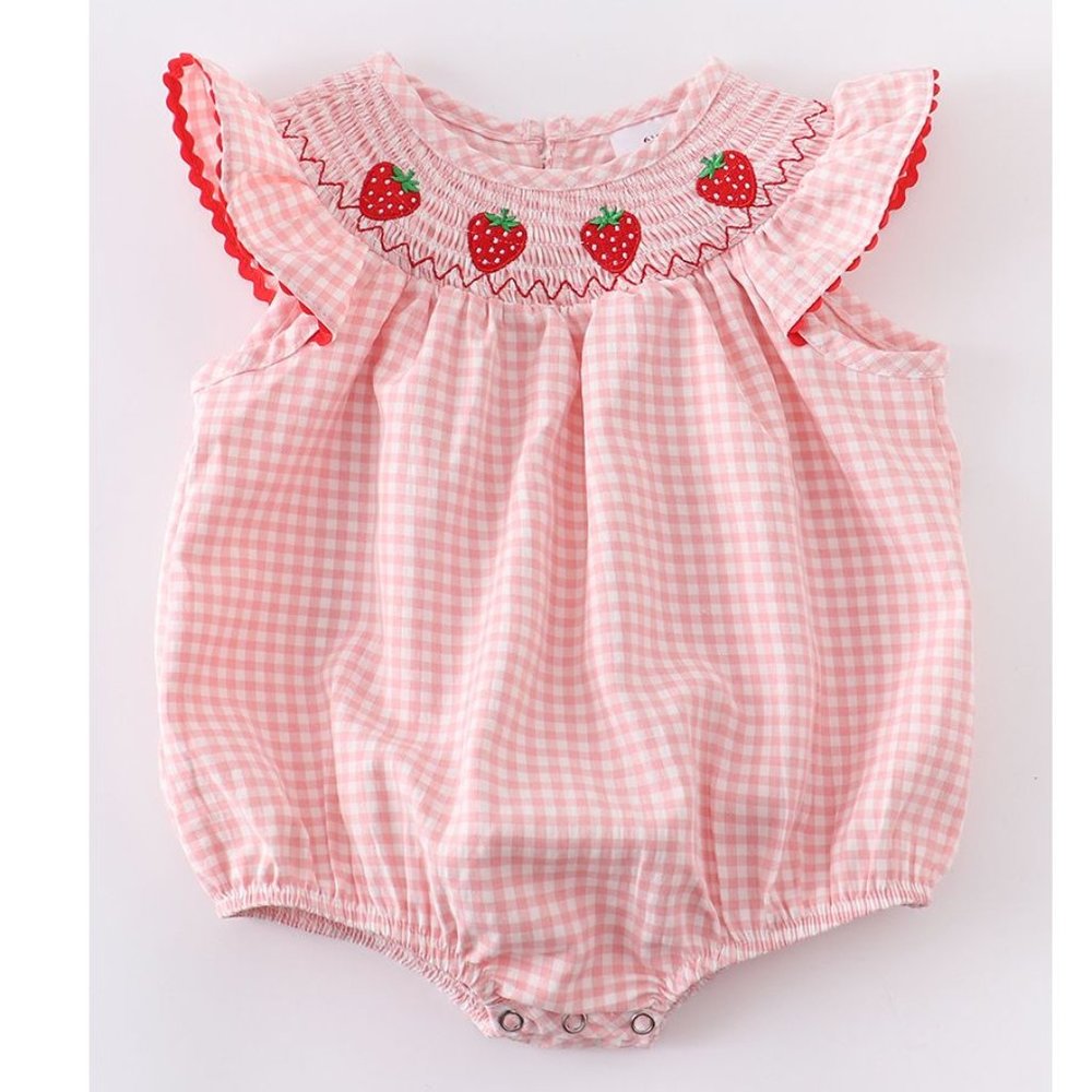 Pink Strawberry Gingham Baby Romper